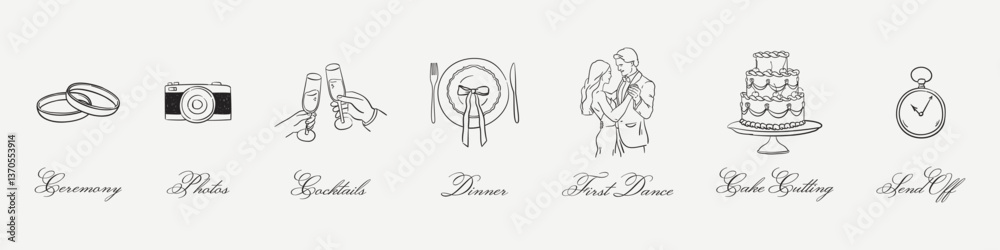 Hand drawn wedding schedule or itinerary. Ceremony, photos, cocktails, first dance, cake cutting, dinner. Italian romantic just married elements in elegant sketch for invitations, save the date design Hand drawn wedding schedule or itinerary. Ceremony, photos, cocktails, first dance, cake cutting, dinner. Italian romantic just married elements in elegant sketch for invitations, save the date design
