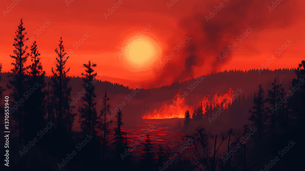 Fototapeta premium Sunset turning red as a wildfire burns in the distance, with the sky turning red