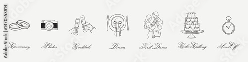 Hand drawn wedding schedule or itinerary. Ceremony, photos, cocktails, first dance, cake cutting, dinner. Italian romantic just married elements in elegant sketch for invitations, save the date design