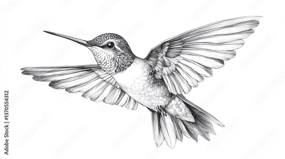 Obraz premium Hummingbird in Flight Detailed Graphite Pencil Illustration on White Background