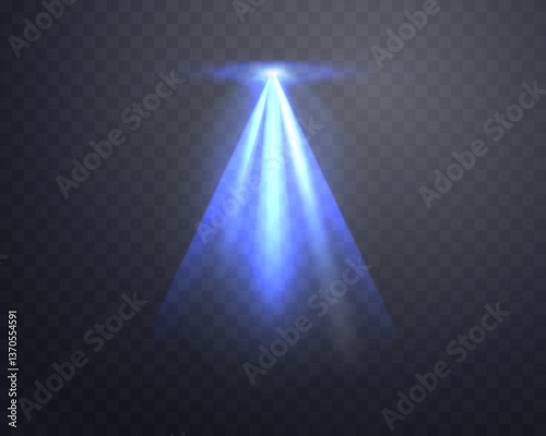 Blue spotlight, Illuminated blue stage, glow flare effect. Bright beams of spotlights, lamp, vertical rays on transparent background. Vector illustration.