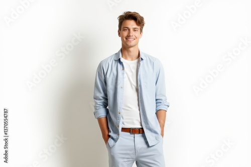 Half-Length (Waist-Up) portrait of young stylish smiling Swiss male model in preppy wear isolated on pure white background looking at camera