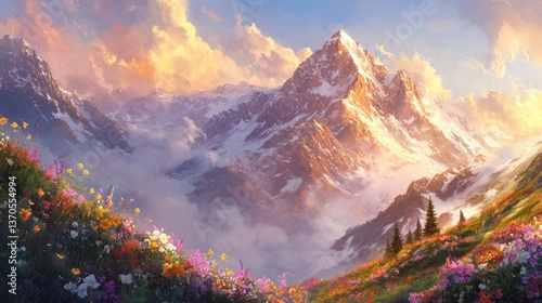 Serene alpine landscape: snow-capped peaks bathed in golden sunlight and blooming meadows