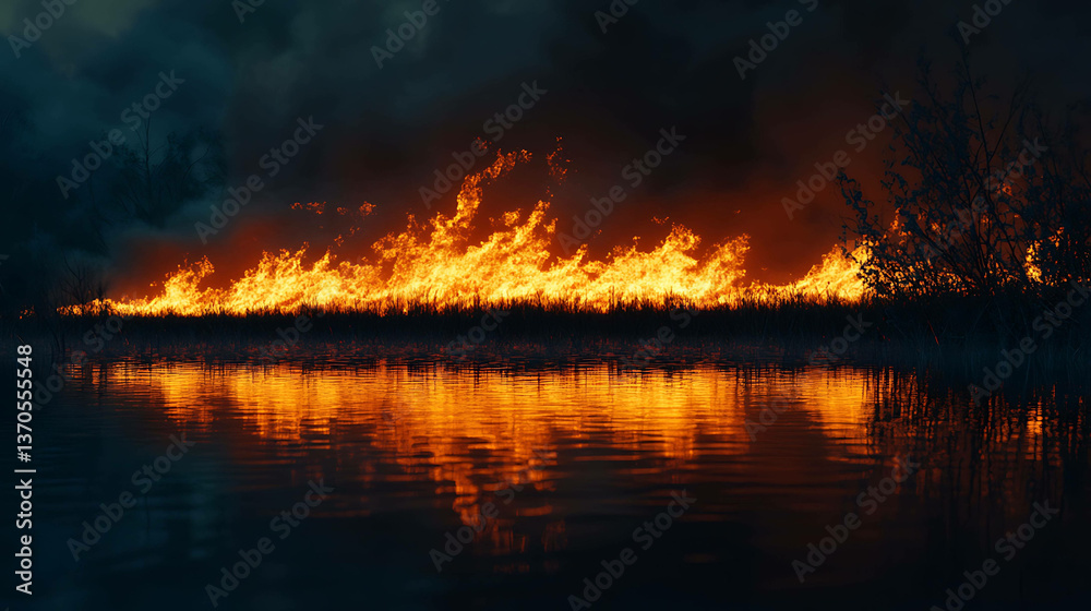 Flames reflected in a nearby lake as a wildfire burns Flames reflected in a nearby lake as a wildfire burns