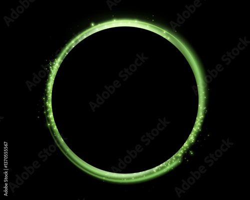 Green magic ring with glowing. Neon realistic energy flare halo ring. Abstract light effect on a black background. Vector illustration.