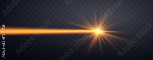 Orange horizontal laser beam. Neon line, presentation pointer. Orange glow flare light effect. Vector illustration. Isolated on dark transparent background.