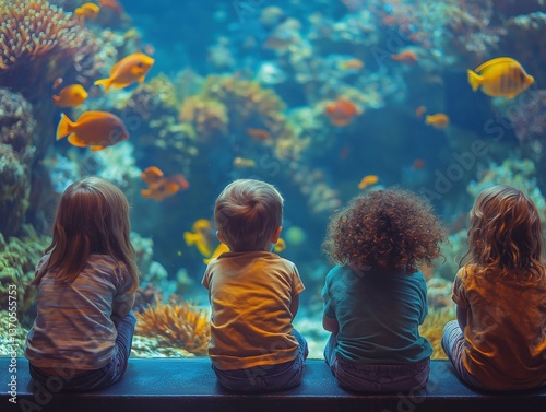 Children Watching Fish at an Aquarium: Underwater Marine Adventure and Educational Exploration