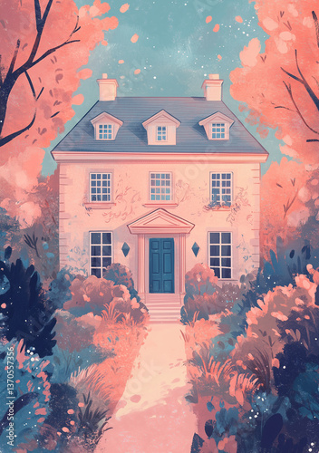 neoclassical mansion in a dreamy watercolor, perfect for book covers, fantasy artwork, vintage decor, and romantic illustrations photo