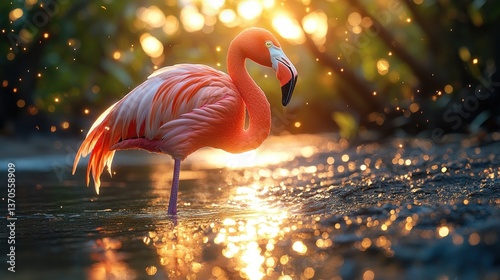 Pink flamingo in golden sunlight