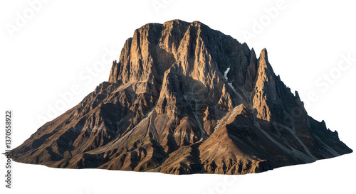 A majestic mountain with rugged peaks and steep slopes against a black isolated background