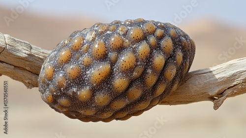 Close-up of a bumpy, oval-shaped insect pupa clinging to a light gray, weathered branch in a desert environment.