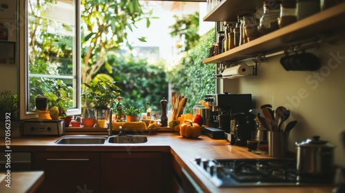 A bright and sunny kitchen showcasing natural light and organic elements photo