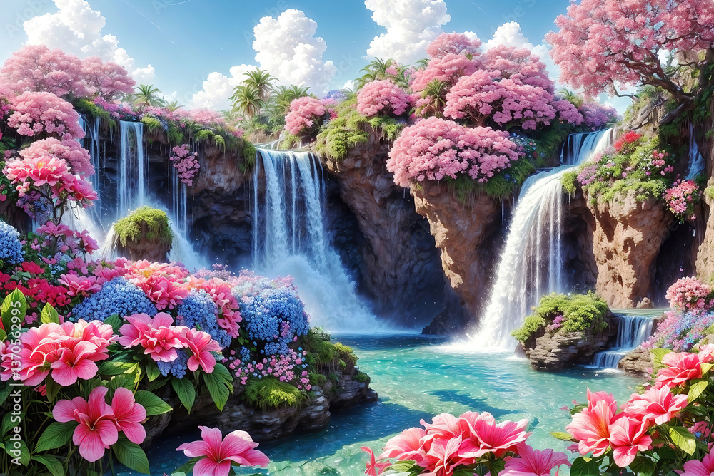 Fototapeta premium Waterfalls and flowers idyllic landscape, a beautiful paradise land full of flowers rivers and waterfalls, idyllic Eden garden.