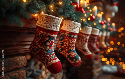 Lit Holiday Stockings on Rustic Mantel  