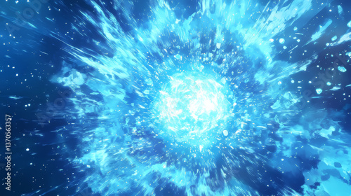 Comic anime water explosion radiating from bright center - dynamic liquid splashes creating circular burst pattern. Blue background with light azure droplets scattered among flowing stream effect.