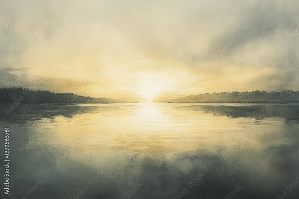 Obraz premium Serene Sunrise Misty Lake Reflection.