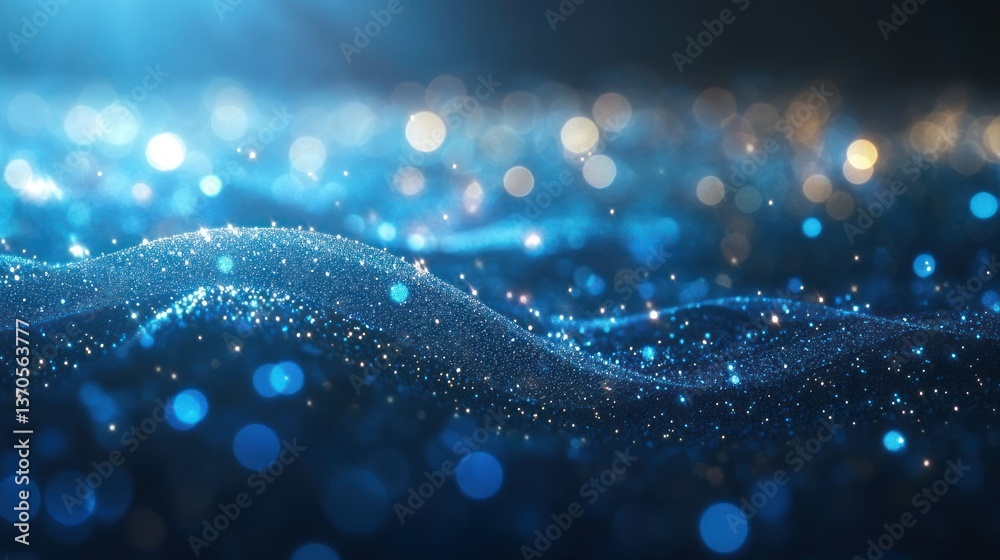 Abstract image of blue and gold sparkling particles forming waves of light. Abstract image of blue and gold sparkling particles forming waves of light.