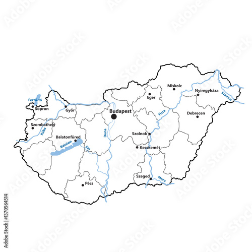 Hungary map with regions, waterways and namings