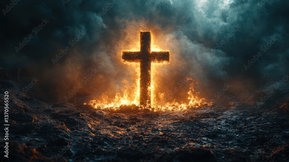 Fototapeta premium Fiery cross symbolizing faith amidst dark clouds digital art