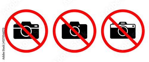 No Photo sign, Isolated No camera icon set, Warning graphic elements, Clip art and illustration on transparent background (Editable)