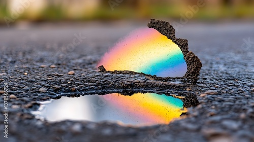 Colorful Rainbow Reflection In Asphalt Puddle