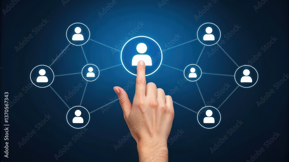 Digital platform connecting and futuristic technology. Hand selecting a user from a network of icons, symbolizing connection and interaction. Digital platform connecting and futuristic technology. Hand selecting a user from a network of icons, symbolizing connection and interaction.