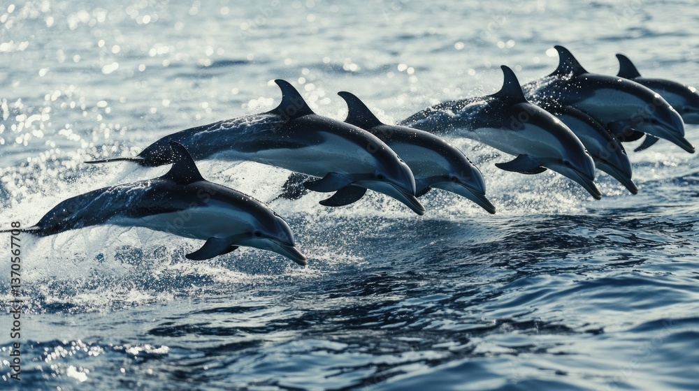 Fototapeta premium Synchronized splash: Pod of dolphins playfully leaping out of the ocean's surface