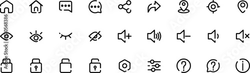A collection of various functional icons used in web or app interfaces, representing home, chat, share, location, sound, lock, and more.