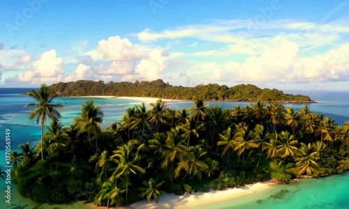 beautiful beach drone with island many coconut trees Video 