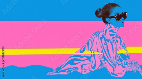 Striking depiction of a woman with stylized patterns and sunglasses