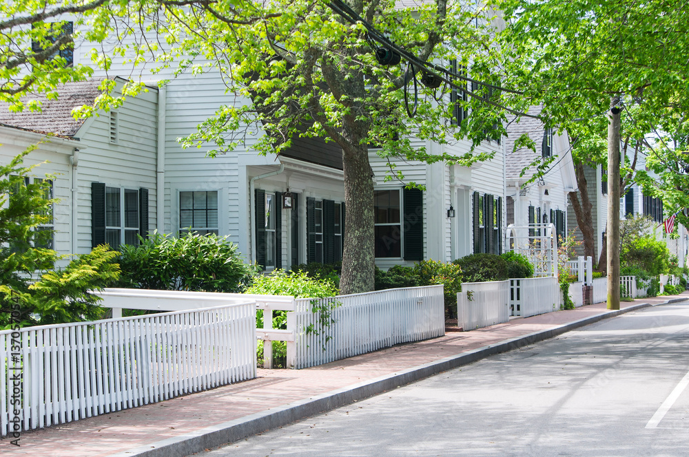 Naklejka premium colonial buildings lining a streetn in edgartown massachusetts