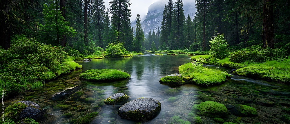 Obraz premium Calm forest river with mossy rocks.