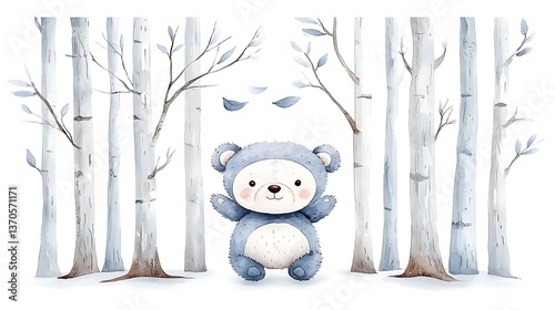 Winter Bear Cub Birch Forest.
