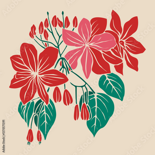 Bleeding heart flower in linocut style with green leaves and red petals. Flat stylized vector illustration isolated on beige background