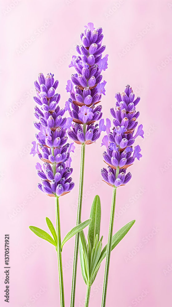 Naklejka premium Three purple lavender stalks against a pink background