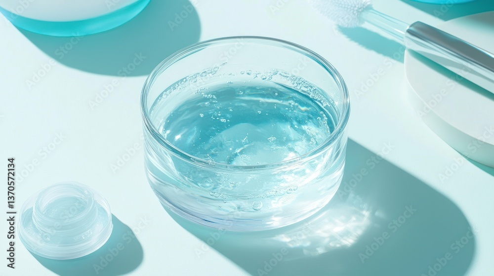 A clear glass with water and some cleaning accessories A clear glass with water and some cleaning accessories