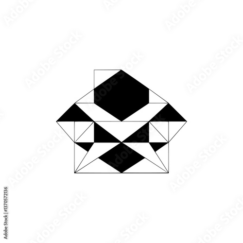Geometric Abstract House Icon: Black & White Line Art on Off-White Background