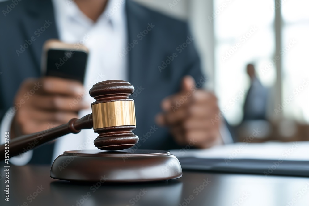 Judge’s Gavel on Black Table with Male Lawyer Using Mobile Phone in Office, Legal Professional, Law Firm, Legal Workplace, Business Consultation, Courtroom Setting, Attorney Workspace Judge’s Gavel on Black Table with Male Lawyer Using Mobile Phone in Office, Legal Professional, Law Firm, Legal Workplace, Business Consultation, Courtroom Setting, Attorney Workspace