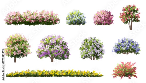 set of flowers, Vector of tree or blooming  side view isolated on white background ,watercolor tree elevation for landscape concept,environment scene,eco design,blossom garden for spring