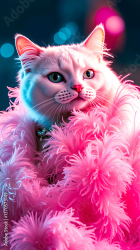 A white cat with blue eyes sitting in a pink feather boa
