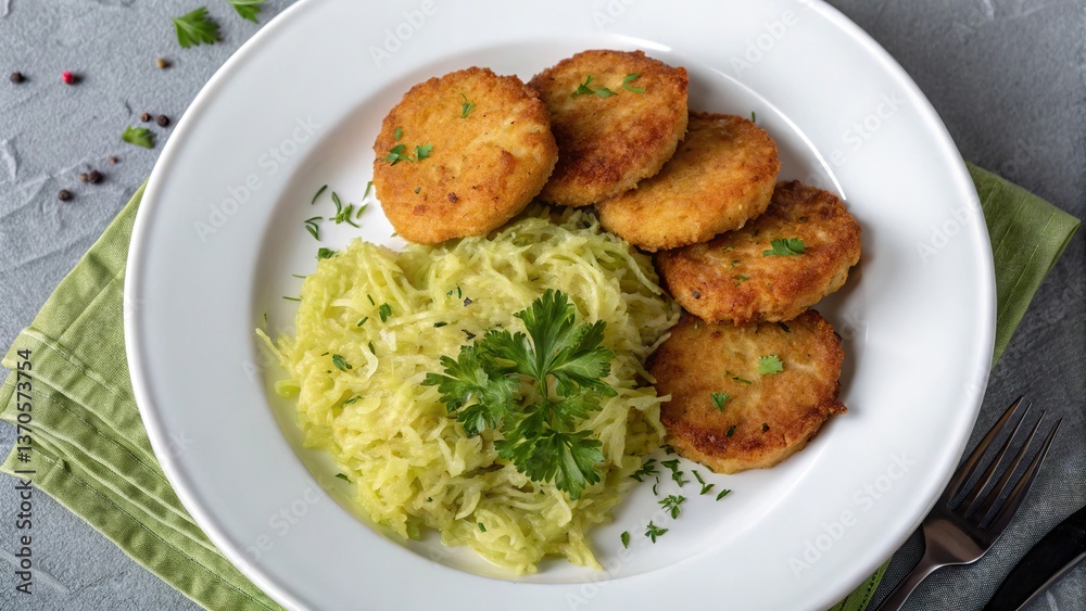 Overhead view of brambor ky served with sauerkraut and garnish on a plate Overhead view of brambor ky served with sauerkraut and garnish on a plate