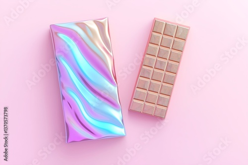 Luxury Chocolate Bar Packaging with Futuristic Holographic Foil Design, Vibrant Purple, Blue, and Gold Hues, Intricate Embossed Pattern on Exclusive Designer Edition Wrapper