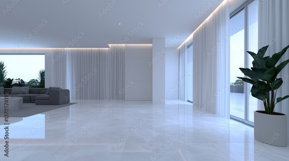 Fototapeta premium Modern, spacious living area with large windows and minimalist design