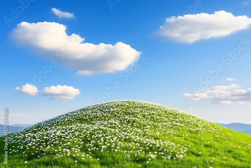 Rolling hill covered with colorful daisies surrounded by lush green grass under clear blue skies