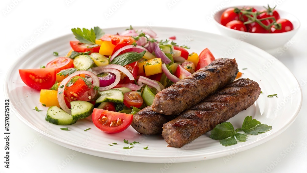 Juicy beef cevapi served with a fresh and colorful vegetable salad on a plate Juicy beef cevapi served with a fresh and colorful vegetable salad on a plate
