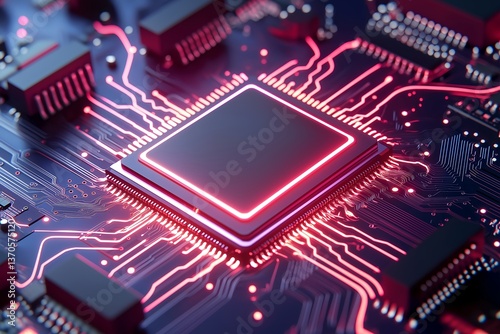 Macro View of Advanced AI Chip with Glowing Red and Blue Circuitry, Detailed Transistors, Futuristic Motherboard, Cyberpunk Style, Digital Energy, High-Tech Microelectronics, AI Technology