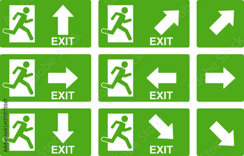 Evacuation signs, direction signs, evacuation signs with arrows. Background image, web banner, poster, vector illustration.