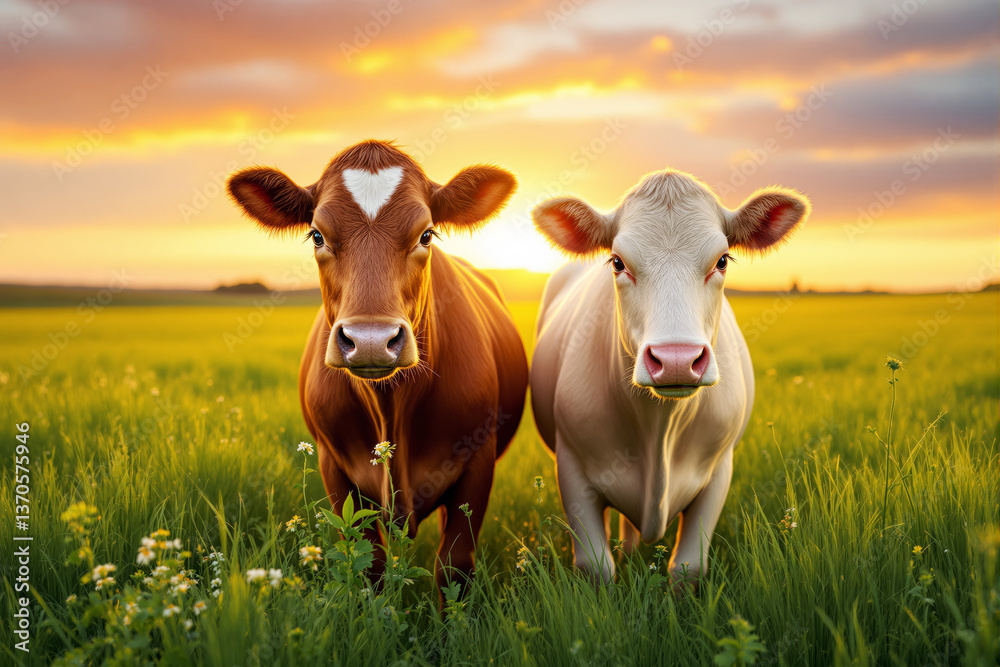 Two cows standing in a green field at sunset. Two cows standing in a green field at sunset.