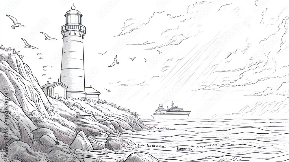 Fototapeta premium Coastal Lighthouse Scene at Dawn, Artwork