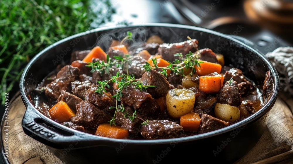 Homemade Soul-Warming Beef Bourguignon with Farm Vegetables and Red Wine Reduction in Rustic Cast Iron Dutch Oven on Weathered Wooden Table Homemade Soul-Warming Beef Bourguignon with Farm Vegetables and Red Wine Reduction in Rustic Cast Iron Dutch Oven on Weathered Wooden Table